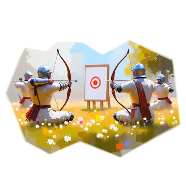 A group of medieval archers focused intently on their target while practicing their aim in a grassy field. Each archer is wearing traditional leather armor and tunics, with quivers strapped to their backs filled with arrows. The archers are spread out at varying distances from a wooden target set up in the center of the field. Some are drawing their bows while others have already released their arrows, which can be seen flying toward the target. The grassy field is dotted with wildflowers, and a few trees are in the background, providing a natural setting for the practice session.