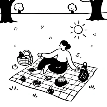 A woman named "Sarah" sitting on a checkered blanket spread out on the grass in a park. She is surrounded by an array of picnic items, including a wicker basket filled with food, a couple of plates with sandwiches, and a bottle of water. There are also scattered fruits like apples and grapes around her. The sun shines brightly overhead, casting shadows of nearby trees onto the blanket. A frisbee and a book are placed beside her, suggesting a leisurely afternoon. The scene conveys a sense of relaxation and enjoyment in an outdoor setting.