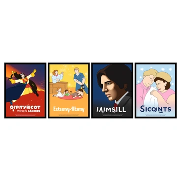 An assortment of vibrant movie posters lined up in a neat row. Each poster features a different iconic film that has won an Oscar. The first poster displays a dramatic scene with bold colors, highlighting a heroic character. The second poster showcases a whimsical animation with lively characters, adorned with sparkling effects. The third poster depicts an intense close-up of an actor's face, with a dark and moody background. The fourth poster captures a romantic scene with soft pastel colors and flowing typography. Each poster has its title prominently displayed at the bottom in large, eye-catching fonts. The variety of artwork and themes creates an engaging visual collage.