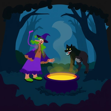 A forest scene with gnarled trees and a dark, overcast sky. Strange, twisted characters with exaggerated features stand amidst the shadows. A figure resembling a witch, with a long crooked nose and tattered clothing, hovers near a bubbling cauldron. Other characters, like a menacing wolf with glowing eyes and sharp teeth, lurk in the background. The ground is covered in dark, tangled roots and the air is filled with swirling mist. A faint, eerie light emanates from the cauldron, casting an unsettling glow on the surrounding foliage.