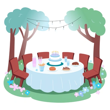 A birthday celebration taking place in a lush forest clearing with fairy lights