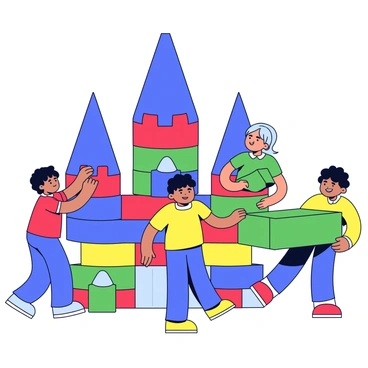 A group of children are working together to assemble a colorful castle made from interlocking building blocks. The castle features tall turrets and a wide base with a mix of red, blue, green, and yellow blocks. One child, wearing a red shirt, is placing a blue block at the top of a turret, while another child, in a green shirt, is arranging the blocks on the ground. A third child, dressed in yellow, is holding a large green block and smiling. The background is simple with a clear blue sky.