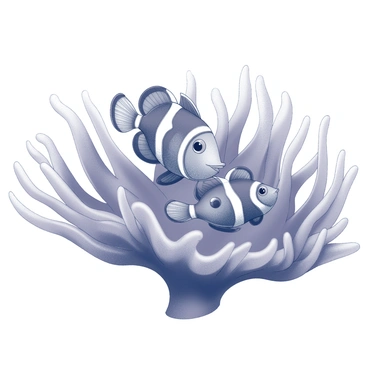 A small family of clownfish swimming within a vibrant sea anemone. One adult clownfish is positioned centrally, displaying its distinctive markings. Two baby clownfish are nestled closely beside the adult, looking playful and curious. The anemone has flowing tentacles that create a protective environment around the fish. The underwater scene captures the gentle movement of the anemone as it sways with the currents.