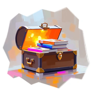 A treasure chest made of dark, weathered wood is opened, revealing an array of art books stacked neatly inside. The books have vibrant, colorful covers featuring various famous artworks. Golden light spills out from the chest, illuminating the surrounding area with a warm glow. The light catches the edges of the books, creating a radiant effect. The chest itself is adorned with intricate metalwork, adding to its antique charm. The scene is set on a wooden surface, accentuating the rich tones of the chest and the brilliance of the light.