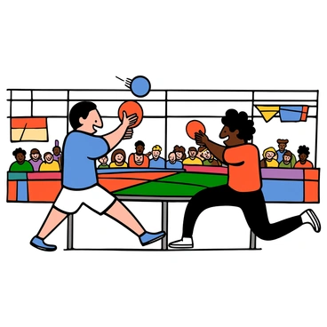 A high-energy ping pong match is taking place in a brightly lit indoor sports arena. Two players are engaged in intense action, both exhibiting quick reflexes. One player has light skin and short black hair, wearing a blue athletic shirt and white shorts. The other player has dark skin and curly hair, dressed in a red shirt and black pants. They are positioned on opposite sides of a sleek, modern ping pong table. The scene captures a spinning ping pong ball in mid-air, demonstrating the speed and energy of the match. Spectators in the background are focused on the action, and there are vibrant banners hanging on the walls.