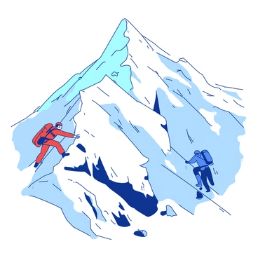 A white sacred mountain towers majestically against the sky, its peak capped with glistening snow. On the left side of the mountain, a climber dressed in red climbing gear is making their way up a steep slope, gripping onto rocky outcrops with determination. On the right side, another climber in blue attire is ascending, navigating through patches of rugged ice. Both climbers are focused on reaching the summit, with the rugged terrain and sheer cliffs surrounding them, creating a sense of adventure and challenge.