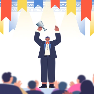An illustration of a grand award ceremony is depicted. The stage is adorned with colorful banners in vibrant shades of red, blue, and gold hanging from the ceiling. In the center, a winner with light brown skin and short black hair stands proudly holding a shiny silver trophy high above their head. They are wearing a formal black tuxedo with a crisp white shirt and a red bow tie. The audience in the foreground is clapping enthusiastically, and there are bright spotlights shining down on the stage, creating an atmosphere of celebration and achievement.