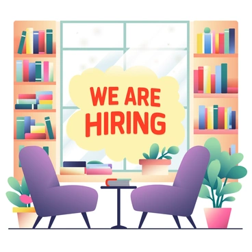 A cozy bookstore with a window display that reads 'We Are Hiring' in cut-out letters