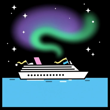 A large cruise ship with multiple decks and bright lights is sailing through calm waters. The ship has a sleek, modern design and colorful flags fluttering from its masts. Above the ship, the night sky is filled with vibrant northern lights, showcasing shades of green, purple, and blue swirling together. The stars are visible in the dark sky, adding to the beauty of the scene. Reflections of the northern lights shimmer on the water surface, enhancing the overall atmosphere of the image.