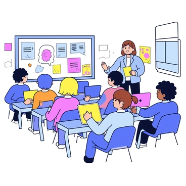 A classroom filled with students sitting at their desks, each using a tablet or computer for a digital lesson. The students are focused on their screens, with a variety of colorful devices in front of them. At the front of the room stands a teacher, who is gesturing towards a digital presentation displayed on a wall screen. The teacher has short brown hair and is wearing a light blue shirt. The classroom has bright posters on the walls and a large window letting in natural light.