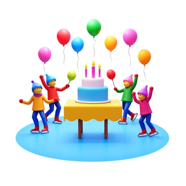 A festive birthday party on ice featuring colorful balloons floating above. A large birthday cake is placed on a table decorated with a cheerful tablecloth. Several children are skating joyously on the ice, wearing vibrant winter clothing. Some children are holding balloons while others are laughing and playing. The scene is filled with a sense of celebration and excitement.