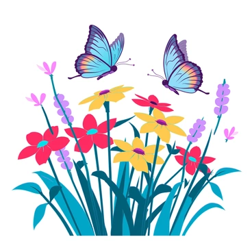 A garden filled with flowers and sharp illustrations of butterflies fluttering around.
