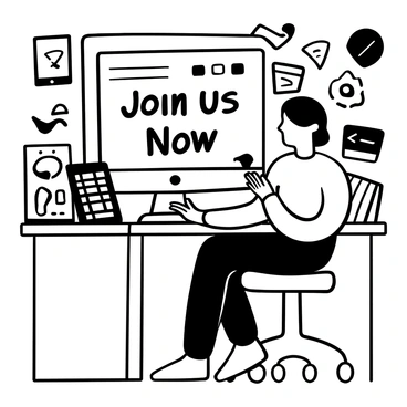 A digital designer sitting at a desk with a computer, focused on creating an advertisement. The screen displays a large layout with the words "Join Us Now" prominently featured. Various design tools such as a graphics tablet and color swatches are scattered on the desk. A sketchbook with rough designs is open nearby, and there are notes with ideas attached to the side of the monitor. The designer is surrounded by a creative workspace filled with drafts and inspirational images.