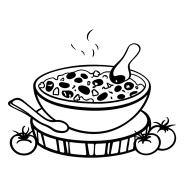 A bowl containing thick vegetarian chili with a variety of beans, pieces of corn, and diced tomatoes. The chili is steaming, indicating warmth, and there are small sprigs of cilantro scattered on top. The bowl is placed on a wooden table with a rustic texture. Next to the bowl, there is a spoon resting against the side. A few whole tomatoes and dried chili peppers are scattered around the table as additional elements.