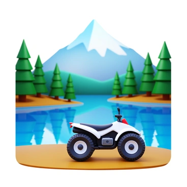 An ATV parked beside a "crystal-clear mountain lake." The lake reflects the surrounding "snow-capped peaks." Lush green trees line the shores of the lake, adding a touch of nature. The ATV is in a vibrant color, showcasing its rugged design and detailing. Sunlight glistens on the water's surface, creating a bright and inviting scene.