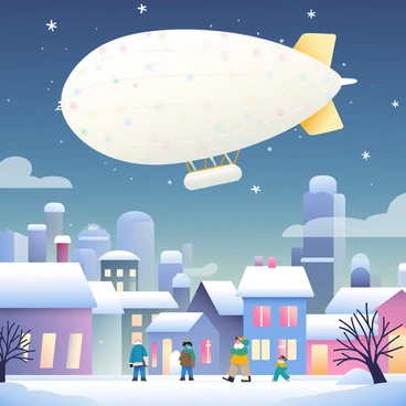 An airship with a large, rounded envelope is floating above a snowy city. The airship is adorned with twinkling lights that flicker in various colors. Below, the city is covered in a thick layer of fresh, white snow, and the rooftops of the buildings are also blanketed in white. In the foreground, there are snow-covered trees with bare branches, and a few people bundled in winter clothing are walking along the streets. The evening sky is a deep blue, and soft snowflakes are gently falling, creating a magical winter atmosphere.