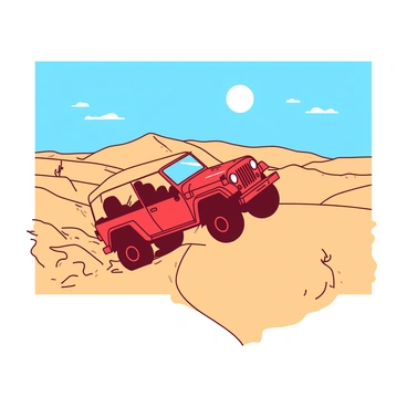 A red jeep is driving over the tall, undulating sand dunes of a vast desert. The sun is shining brightly in the clear blue sky, casting sharp shadows on the golden-colored sand. In the background, a few sparse desert plants are visible, adding contrast to the sandy landscape. The jeep is kicking up plumes of sand behind it as it navigates the dramatic terrain, with the excitement of adventure apparent in its speed and angle. The scene conveys a sense of exhilaration and exploration in the heart of the desert.