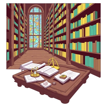 A grand ancient library filled with towering wooden shelves that stretch towards a high ceiling. The shelves are packed with various scrolls in hues of yellow and teal. In the center of the library, there is a large ornate wooden table adorned with scattered open scrolls and several intricate artifacts. The artifacts include a shiny brass astrolabe, a delicate glass vial containing a colorful liquid, and a stone tablet with engraved symbols. Soft light filters through stained glass windows, casting colorful patterns on the polished wooden floor.