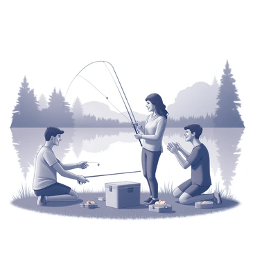 A group of three friends engaged in fishing by a lake. One friend is sitting on the grassy bank, casting a fishing line into the water, while another friend is standing with a fishing rod in hand, looking intently at the lake. The third friend is kneeling beside a cooler, preparing snacks. The surface of the lake reflects the surrounding trees and the sky, creating a harmonious environment. Each friend has fishing gear around them, including tackle boxes and fishing poles. The atmosphere is relaxed, with the friends sharing smiles and laughter.