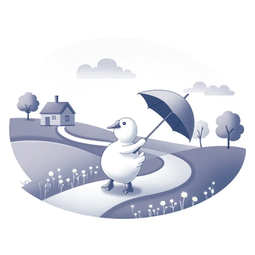 A peculiar duck waddling along a winding path in the countryside. The duck is holding a slightly oversized umbrella, which is tilted to shield itself from an imagined drizzle. The surrounding landscape includes rolling hills dotted with wildflowers and a few stylized trees. In the background, there is a quaint farmhouse with a thatched roof, adding charm to the whimsical setting. The sky above is dotted with fluffy clouds, enhancing the playful atmosphere of the scene.