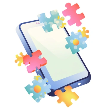 A 3D phone is designed to resemble a jigsaw puzzle. The phone's body is constructed from multiple colorful puzzle pieces that fit together seamlessly. Each puzzle piece displays different patterns and textures, including bright blues, vibrant reds, and sunny yellows. The screen is formed in the center, showcasing a clear, dynamic display. Some of the puzzle pieces are slightly lifted, as if they are in the process of coming together. The overall look creates a playful and intriguing visual representation of a phone.