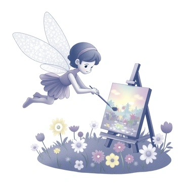 A small tooth fairy is flying above a flower-filled field. She has delicate wings that shimmer with intricate patterns. In her tiny hands, she holds a brush and is carefully painting a magical scene on a tiny easel placed among vibrant flowers. The canvas displays a whimsical landscape filled with colorful elements. The fairy is surrounded by various flowers, each with distinct shapes and sizes, creating a lively and enchanting atmosphere. The sky above is clear, allowing natural light to illuminate the scene, enhancing the fairy's focus on her artwork.