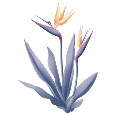 A detailed illustration of a bird of paradise plant. The plant features large, elongated leaves that rise upwards, creating a lush backdrop. The flowers have striking shapes, with elongated orange and blue petals extending outward, resembling a bird in flight. The flowers are positioned prominently above the foliage, showcasing their unique structure. The overall composition highlights the intricate details of the petals and leaves, emphasizing the plant's exotic appearance.