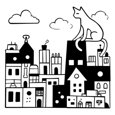 A street-smart cat with a lean build and a sleek coat is perched on a rooftop, surveying the surroundings. The cat's tail is curled around its body, and its ears are perked up, indicating alertness. Below, a bustling cityscape unfolds with tall buildings, busy streets filled with cars, and small figures of pedestrians going about their day. There are scattered rooftops with chimneys and antennas, creating a layered perspective in the composition. The sky is filled with clouds, adding depth to the scene.