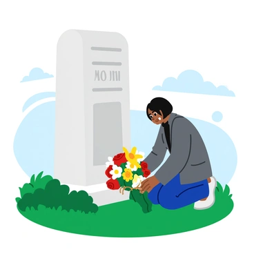 A person with short black hair wearing a gray coat is kneeling down to place a bouquet of colorful flowers at the base of a stone war memorial. The memorial features engraved names and symbols, standing tall amidst lush green grass. The sky is filled with gray clouds, casting a soft, diffused light over the scene. The bouquet consists of red roses, yellow daisies, and white lilies, tied together with a rustic twine. A gentle breeze causes the flowers to sway slightly as the person bows their head in remembrance.