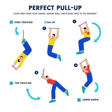 A step-by-step illustration of how to perform a "perfect pull-up". The first step shows a person hanging from a pull-up bar with arms fully extended and feet off the ground. The second step depicts the individual pulling themselves up, with elbows bent and shoulders engaged, while their legs are straightened and slightly crossed at the ankles. The third step captures the moment they reach the top position, chin above the bar, with a determined expression on their face. The final step features the person slowly lowering themselves back to the start position, maintaining control and form throughout the movement. Each step is accompanied by clear arrows and labels indicating the key actions, such as "Start Position," "Pull Up," "Top Position," and "Lower Down."