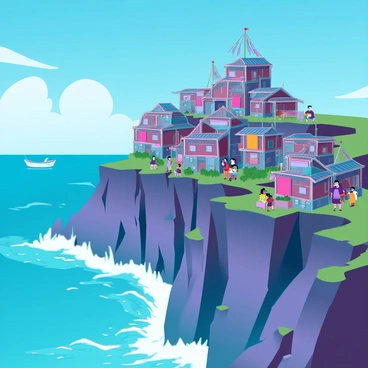 A village built on the edge of a cliff, featuring makeshift homes made from wood and metal with colorful fabrics draped over them. The structures are crowded together, precariously balanced on the rocky surface. The ocean stretches out below, its waves crashing against the cliffs, creating white frothy splashes. The sky above is a vibrant blue, dotted with a few fluffy white clouds. In the distance, a small boat can be seen sailing on the water. The villagers are engaged in daily activities, with some tending to small gardens and others chatting near the edge of the cliff, enjoying the breathtaking view.