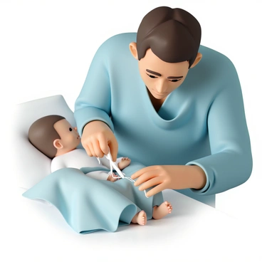 A close-up of a father, wearing a blue hospital gown, gently holding a pair of surgical scissors in his hand as he prepares to cut the umbilical cord. The scene captures his focused expression, revealing a mix of emotions, as he looks down at his newborn baby, wrapped in a soft light blue blanket. The baby's tiny feet and hands are visible, while the umbilical cord is prominently featured, connecting the baby to the mother lying on a hospital bed in the background. The atmosphere is intimate and filled with a sense of new beginnings.