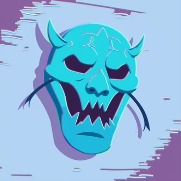 A sinister mask with sharp features and an eerie expression is hanging on a textured wall. The mask has intricate carvings that create a menacing appearance, with deep-set eyes and a jagged mouth. Shadows are cast across the mask, creating a dramatic interplay of light and dark. The surrounding wall is rough and aged, adding to the ominous atmosphere of the scene.
