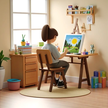 An artist illustrating a storybook in a cozy corner, surrounded by fairy tale elements.