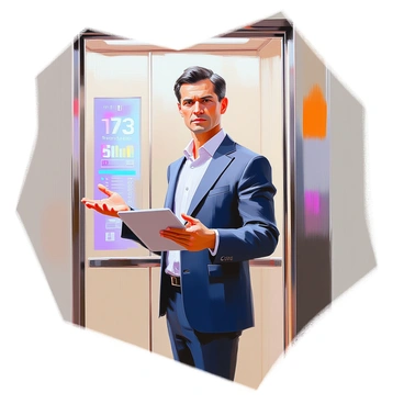 A business professional with short dark hair, wearing a tailored navy suit and a crisp white shirt, stands in an elevator confidently presenting a pitch. The elevator is modern, featuring chrome finishes and sleek glass panels. The professional holds a tablet in one hand, gesturing with the other, emphasizing key points. A serious yet engaged expression is visible on their face, reflecting determination and assurance. The background shows a digital display panel with floor numbers, adding to the corporate setting.