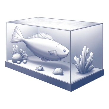A giant halibut swimming gracefully in a large aquarium. The halibut has a flat body and a distinct shape, gliding effortlessly through the water. Surrounding it are various types of coral formations, providing structure and texture to the scene. The aquarium has clear glass sides, allowing a full view of the halibut and the coral. The water is clear and reflects light, creating a dynamic atmosphere within the aquarium.