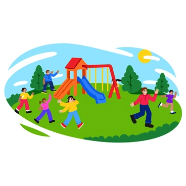 A group of children laughing joyfully while playing on a traditional playground. The playground features colorful swings swaying back and forth, alongside vibrant slides in bright red and blue. Some children are climbing on a jungle gym adorned with cheerful designs, while others are running in the grass, their bright clothing creating a lively scene. The sun shines brightly above, casting soft shadows on the ground, and a few trees provide a touch of green in the backdrop.