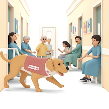 A therapy dog, a golden retriever with a shiny coat and a friendly expression, is walking down the brightly lit hospital corridor. The dog is wearing a red vest with a patch that reads "Therapy Dog" in bold letters. Several patients in hospital gowns are sitting in their rooms, looking out with smiles as the dog approaches. One elderly woman is reaching out her hand to pet the dog, while a young boy is giggling with joy as he watches the dog's wagging tail. The atmosphere is warm and inviting, with colorful artwork on the walls and soft lighting enhancing the sense of comfort.