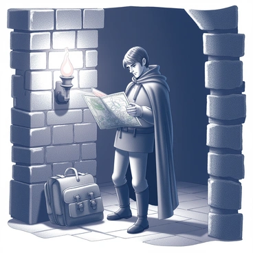 A lone adventurer stands in a dark dungeon chamber, illuminated by a flickering torch mounted on the stone wall. The adventurer is wearing a rugged cloak and leather armor, with a weary expression on their face. They hold an aged, weathered map in their hands, studying its intricate details with furrowed brows. The chamber is filled with damp stone walls, and shadows loom in the corners, hinting at the mystery and danger that surrounds them. Various adventuring gear and a worn backpack lie scattered on the ground nearby, suggesting a long journey.