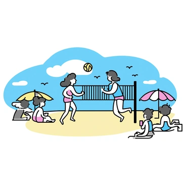 A group of four players on a sandy beach, engaged in a game of beach volleyball. Two players, one wearing a red swimsuit and the other in a blue swimsuit, are jumping to hit the volleyball over the net. The net is set up in the middle of the beach with a backdrop of clear blue sky and fluffy white clouds. On the side, two other players are relaxing on beach towels, one reading a book and the other sipping a drink from a colorful cup. Sun umbrellas in bright colors dot the beach, and some seagulls can be seen flying in the distance.