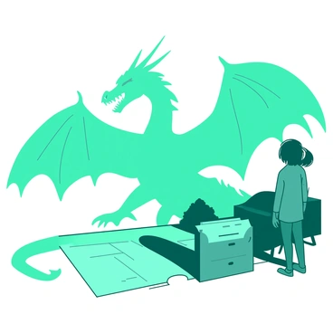 A teal shadow of a person is cast on a white wall. The shadow morphs into the shape of a large, majestic dragon, with elongated wings and a fierce expression. The dragon's shadow looms prominently against the white background, showcasing intricate details like the scales and sharp claws that are clearly defined in the silhouette. The surrounding area features a dimly lit room, with faint outlines of furniture blurred in the background, emphasizing the contrast between the person's figure and the fantastical creature formed by the shadow.