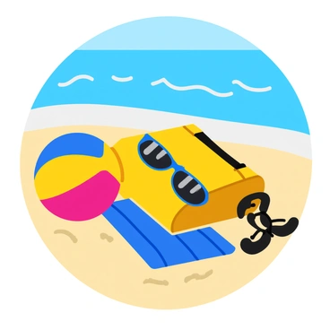 A sunny beach scene featuring a colorful rucksack lying on the sand. The rucksack is partially open, revealing a bright blue towel, a pair of stylish sunglasses, and a vibrant beach ball. The towel has a striped pattern, while the sunglasses are reflective and shiny. The beach ball is a mix of red, yellow, and blue colors, sitting next to the rucksack. In the background, gentle waves lap at the shore, and a clear blue sky stretches overhead.