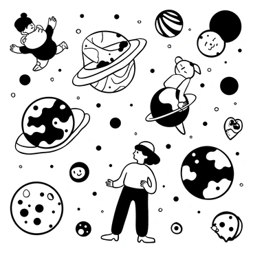A whimsical representation of the universe featuring planets with playful shapes and various sizes, surrounded by quirky celestial beings with exaggerated features and unique designs. The planets are scattered throughout the scene, each displaying distinctive patterns and textures. The celestial beings are engaged in different activities, such as floating among the planets, playing with stars, or exploring asteroids. Some beings are interacting with each other in a playful manner, enhancing the fun and lively atmosphere of the universe.