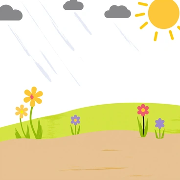 A rain shower gently falling on a parched field, with droplets creating ripples as they land. The field is filled with vibrant green grass starting to perk up, contrasting against the brown earth. Colorful wildflowers in shades of yellow, purple, and red are emerging from the soil, their petals glistening with moisture. Dark gray clouds are visible in the sky above, while beams of sunlight break through, illuminating the scene with a warm glow.