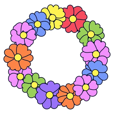 A round wreath made of vibrant gerbera daisies in various colors including red, orange, yellow, green, blue, and purple. Each flower is in full bloom with distinctive petals radiating outward. The daisies are arranged closely together, creating a lively and cheerful appearance. The background is simple and unobtrusive, allowing the colors of the flowers to stand out.