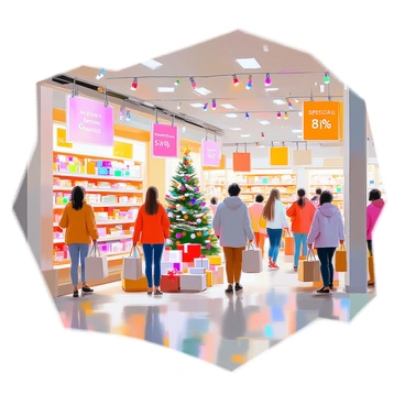 A festive store interior adorned with colorful holiday decorations. Brightly lit string lights are draped across the ceiling, shimmering in various colors. There are large banners announcing "Special Sales Promotions" hanging from the walls. Shelves are stocked with a variety of seasonal items, including wrapped gifts, ornaments, and holiday-themed products. A cheerful display features a decorated Christmas tree in the corner, surrounded by gifts of all sizes. Shoppers of diverse backgrounds are browsing through the aisles, carrying bags filled with purchases.