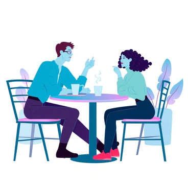 Two people sitting at a small circular table in a modern café. One person is a man with short brown hair and glasses, wearing a casual blue shirt. The other person is a woman with curly black hair, wearing a light green sweater. They each have a steaming cup of coffee in front of them. The man is leaning slightly forward, gesturing with his hand as he speaks, while the woman is listening intently, with a thoughtful expression. The background features a minimalist décor with plants and soft lighting.