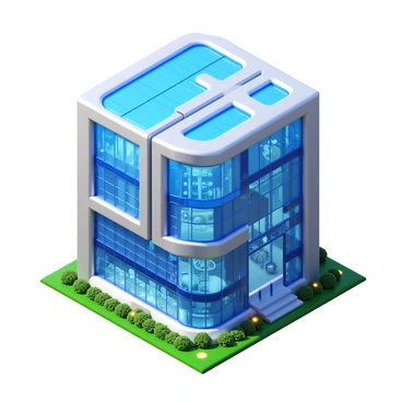 A futuristic headquarters designed in the shape of a "bitcoin" symbol. The structure features sleek, metallic surfaces with geometric patterns reflecting light. Surrounding the headquarters, there are green spaces with small, luminous plants. The building is set against a clear blue sky, showcasing a modern urban environment. The structure has large glass windows allowing visibility into the interior, which is filled with high-tech workspaces and collaborative areas.