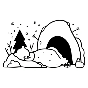 A cartoon bear lying on its side, with its body covered by a small, fluffy blanket, is snoring loudly inside a cozy cave. The cave is lined with soft moss and has a small pile of pinecones nearby. Snowflakes can be seen gently falling outside the cave entrance, which is framed by icicles hanging from the rocks. A few cartoonish winter trees with bare branches are visible in the background, adding to the wintry atmosphere. The overall scene conveys a sense of warmth and comfort despite the cold weather outside.
