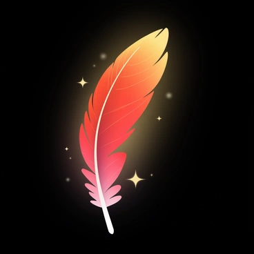 A single phoenix feather, vibrant red and orange with gold tips, is positioned prominently in the center of the image. The feather emits a warm glow, illuminating the surrounding area with soft light. Its intricate details and delicate texture are visible, showcasing the fine strands and slight curves. The background is a deep, dark black, creating a strong contrast that emphasizes the warmth and brilliance of the feather. Soft wisps of light appear to dance around it, enhancing the ethereal quality of the scene.